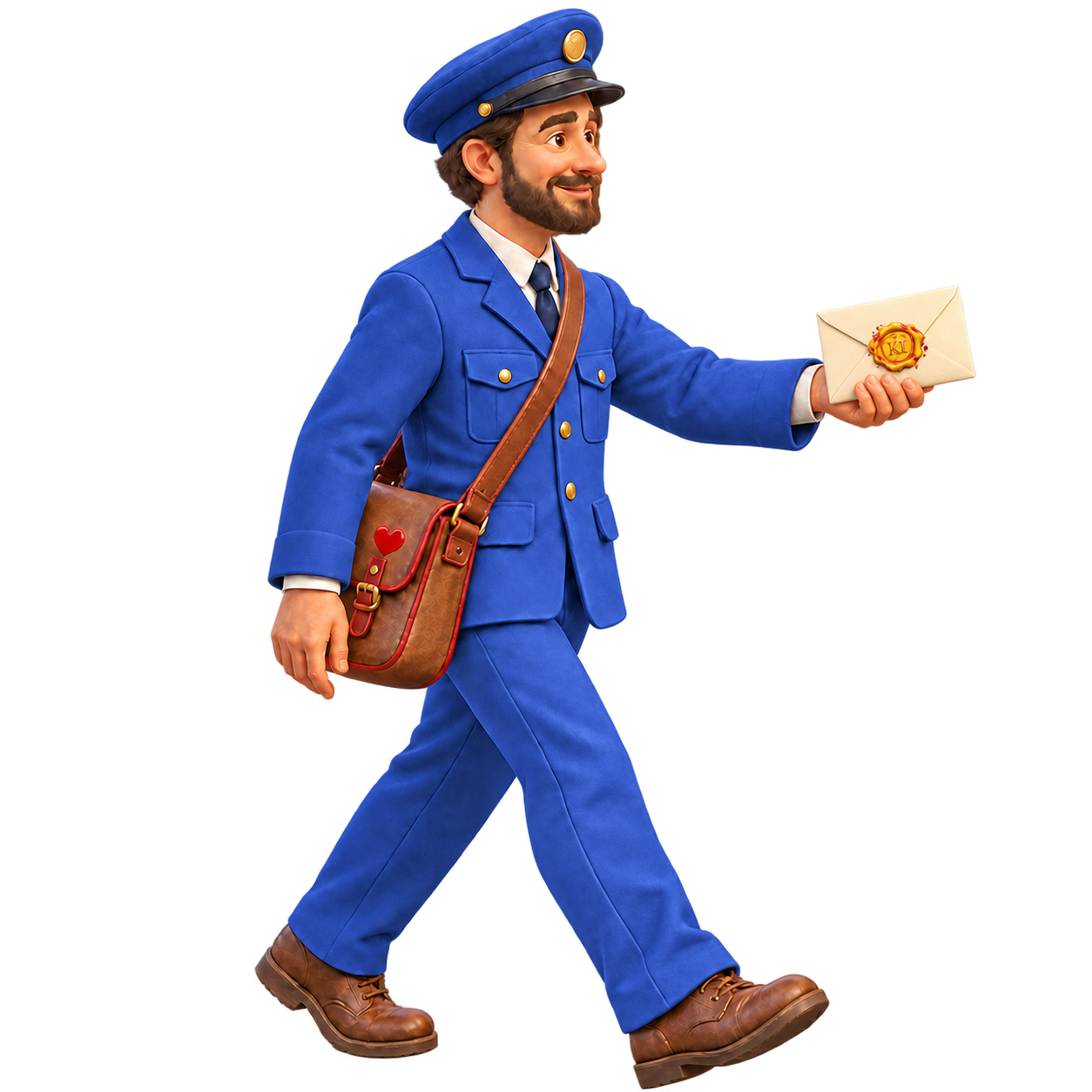 Ein freundlicher Postbote in Blau überreicht einen Brief mit gelb-goldenem Wachssiegel